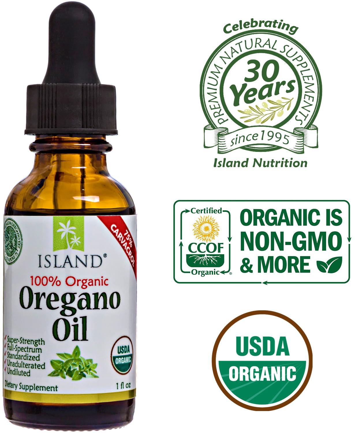 Island Nutrition Island Nutrition, Oregano Oil Organic Liquid Drops - 100% Pure & Undiluted - USDA-Certified Organic (1 oz) 75% Carvacrol - Grown in Spain - Immune Support Supplement with Oil of Oregano.