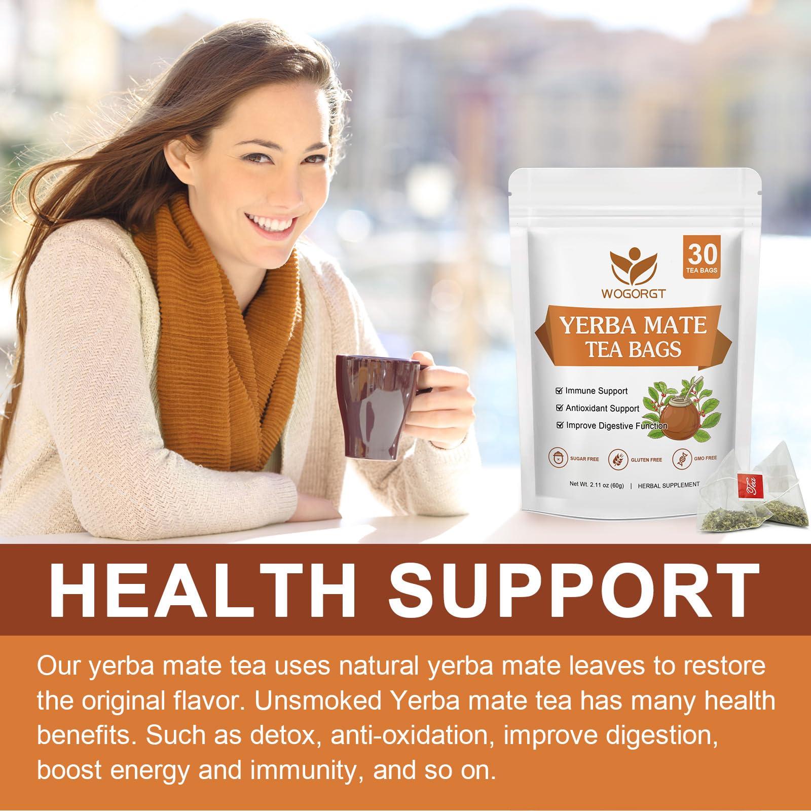 WOGORGT Yerba Mate Tea - Yerba Mate Herbal Supplement, Yerba Mate Leaf Tea Bags for Antioxidant, Detox, Digestion and Immune Support, Boost Energy - 30 Tea Bags