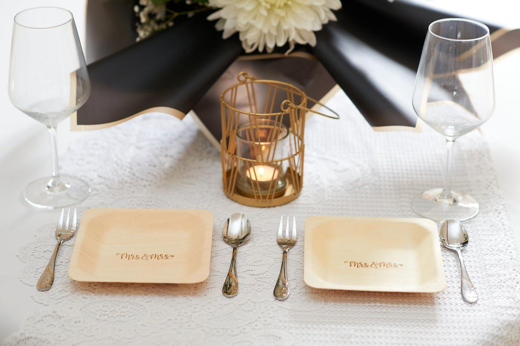 Wood & Wonder Mrs. and Mrs. Disposable Wedding Plates Rustic, Compostable Alternative to Plastic Plates for Wedding Receptions, Engagement Parties, and Rehearsal Dinners (Appetizer, 50-Pack)