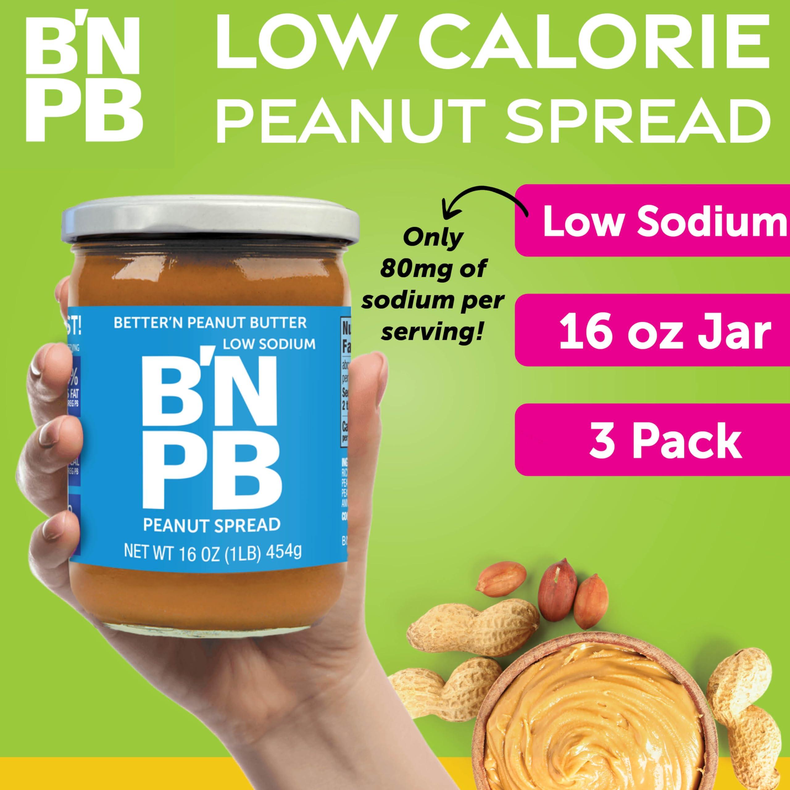 Better'n Peanut Butter Peanut Spread Low Fat and Low-Sodium Peanut Butter Spread by Bettern Peanut Butter, Creamy Low-Calorie Peanut Spread with No Saturated Fat, Gluten Free, Dairy Free, Non GMO, Kosher, Pack of 3, 16 oz. Glass Jars