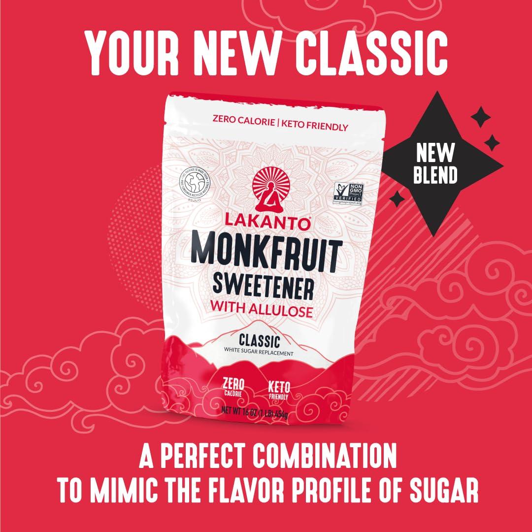 Lakanto Lakanto Classic Monk Fruit Sweetener With Allulose, White Sugar Substitute From Monk Fruit Extract for Baking, Coffee & Tea, Gluten Free, Zero Calorie, Low Carb, Non GMO, Keto, Classic White, 1 LB Bag