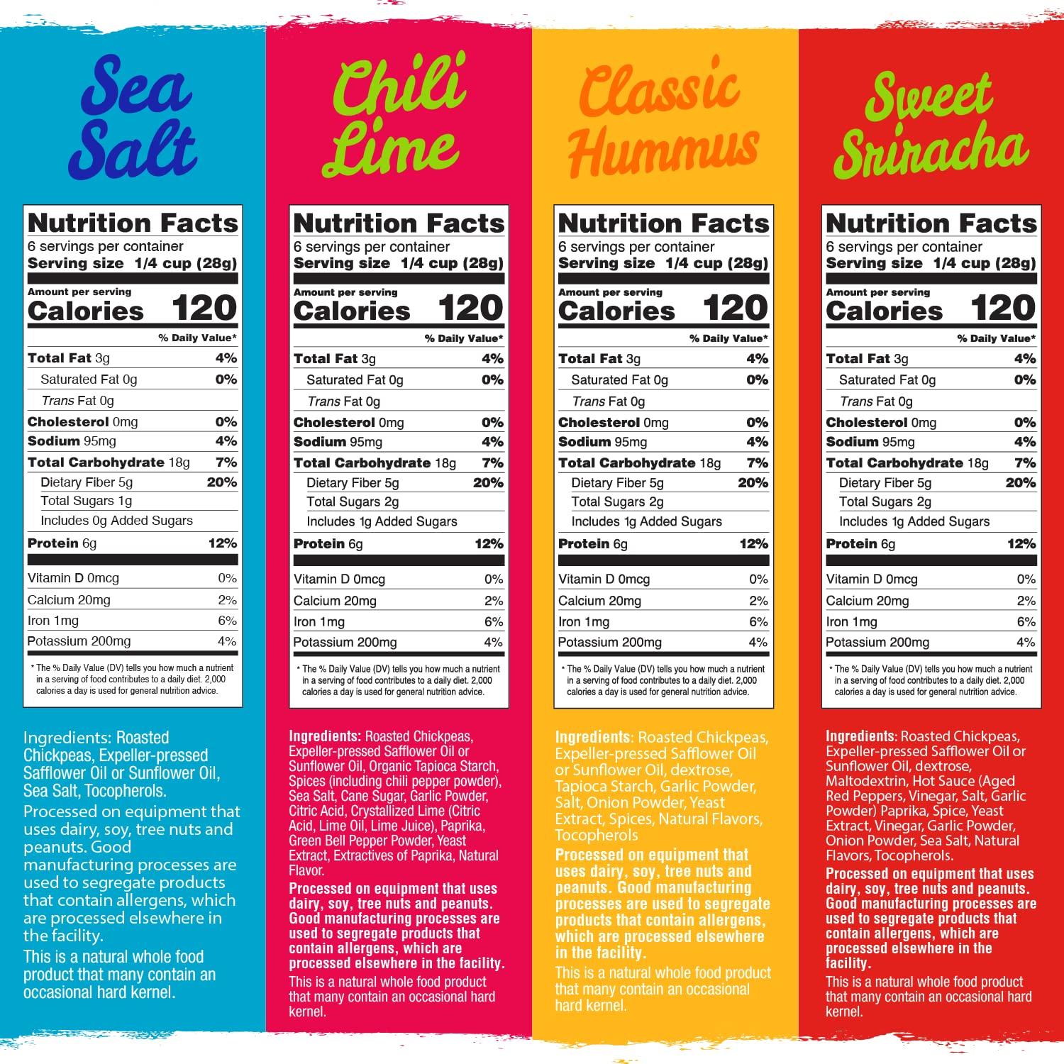 The Good Bean The Good Bean Crunchy Chickpeas - Variety Pack - (6 Pack) 6 oz - Sea Salt, Chili Lime, Sweet Sriracha, and Classic Hummus Roasted Chickpea Beans - Vegan Snack - Good Source of Plant Protein and Fiber