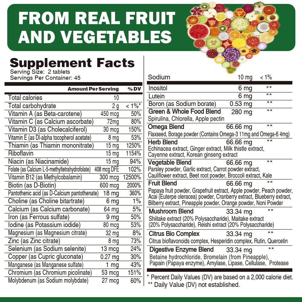 VEGEPOWER Whole Food Multivitamin for Men Women - with 65+ Vitamins, Minerals, Organic Nature Powder & Extracts - Whole Food Supplement for Energy, GUT, immune Health - All Natural, Non-GMO 90 Vegan tablets