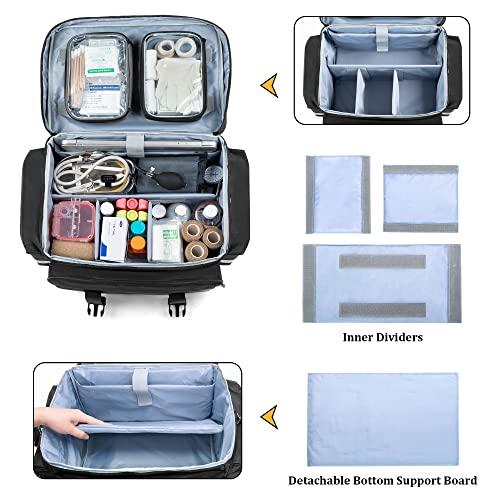 Damero Damero Rolling Medical Bag with Detachable Trolley, Medical Equipment Bag with Removable Pouches and Dividers, First Aid Responder Bag Empty for Home Health Nurses, Doctors, EMT, EMS, Black