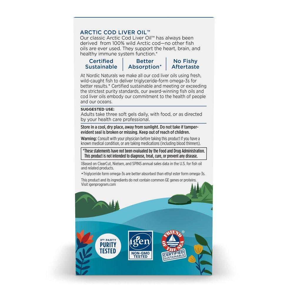 Nordic Naturals Nordic Naturals Arctic Cod Liver Oil, Lemon - 90 Soft Gels - 750 mg Total Omega-3s with EPA & DHA - Heart & Brain Health, Healthy Immunity, Overall Wellness - Non-GMO - 30 Servings