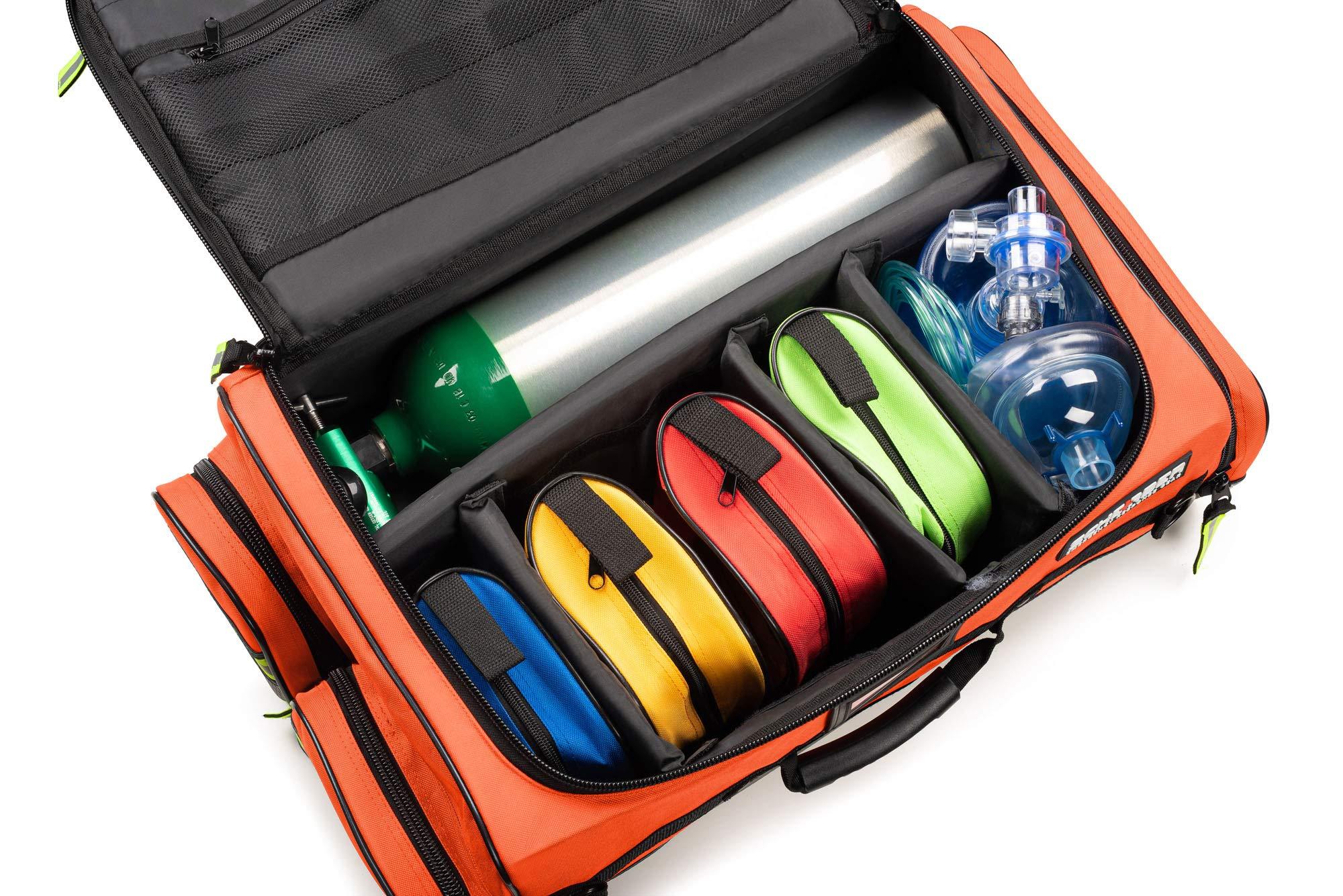 Scherber Scherber Fully Stocked First Responder Ultimate Professional EMT/EMS Trauma Kit | HSA/FSA Approved | w/10+ Compartments, Zippered Pockets, Dividers, Oxygen Access & 260+ First Aid Supplies (Orange)