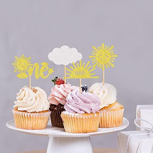 Cyodoos Cyodoos 24Pcs Sunshine One Cupcake Toppers Sun Simle Face Cloud You are My Sunshine First Birthday Cupcake Picks Baby Shower 1st Birthday Party Cake Decorations Supplies - Gold Glitter
