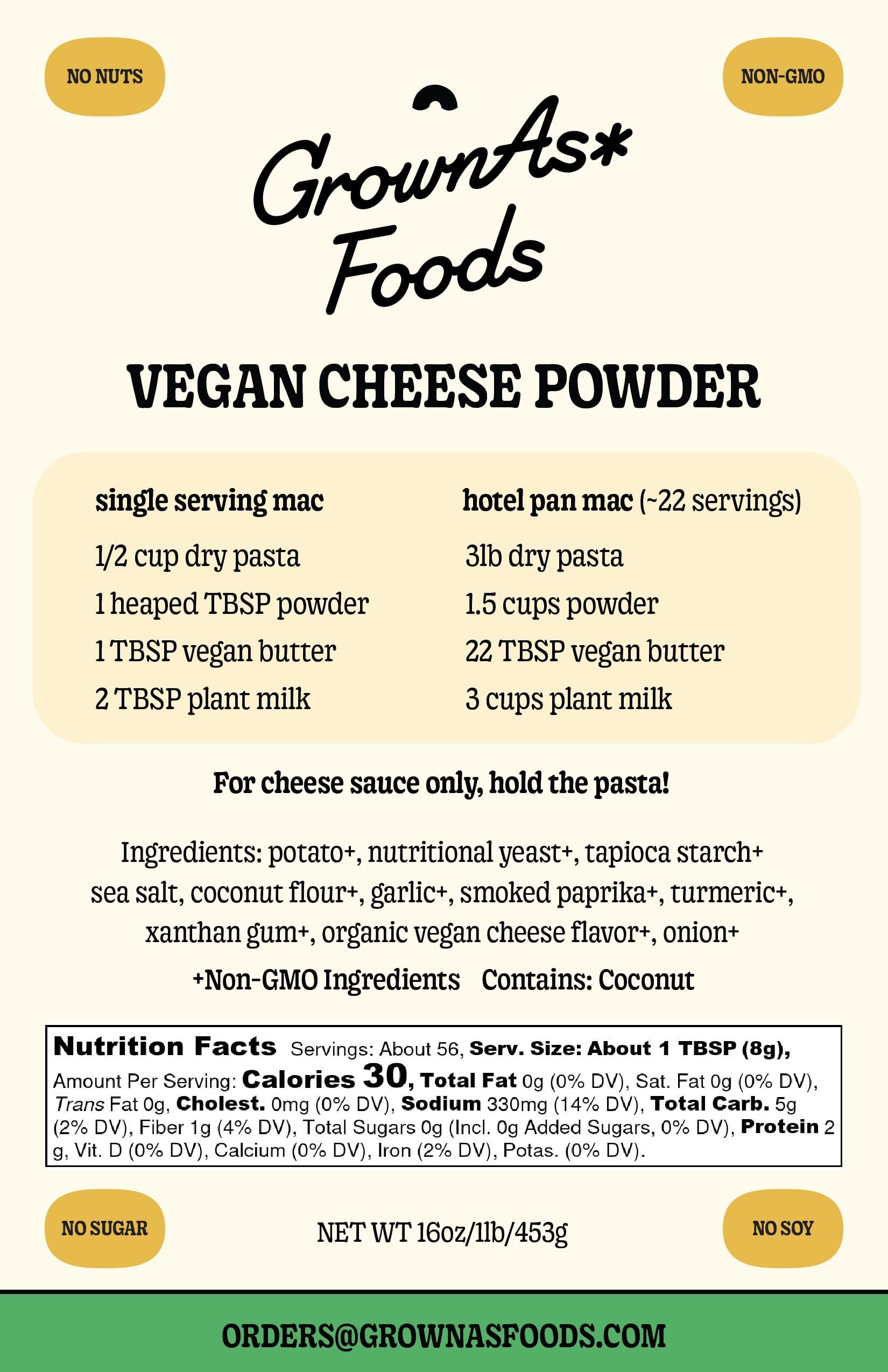 Grownas GrownAs Vegan Cheese Powder, 1 lb. - Dairy Free, Non-GMO Cheddar Cheese Seasoning for Vegan Mac & Cheese, Nachos, Pub Cheese - Organic, Non-Dairy, Sugar-Free, Soy-Free - Better Than Nutritional Yeast