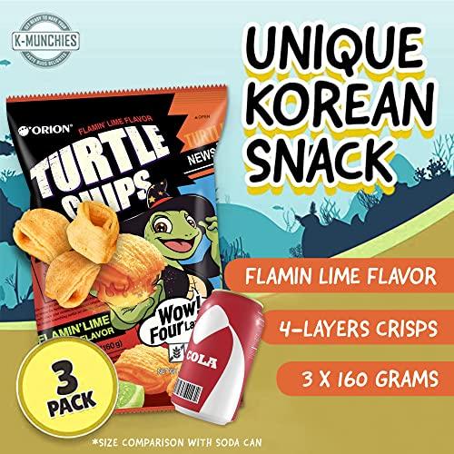 K-Munchies K-Munchies Orion Turtle Chips – Large 3 x 160-gram Flamin' Lime Flavor Korean Chips – Big Bag, Party Size Tasty, Crispy Korean Corn Snacks - Bite-Sized, On-The-Go Korean Corn Snack for Family