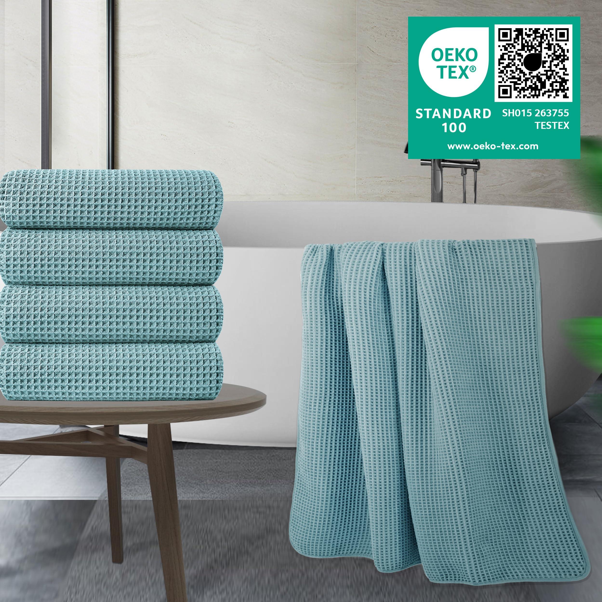 POLYTE POLYTE Microfiber Oversize Quick Dry Lint Free Bath Towel, 60 x 30 in, 4 Pack (Green, Waffle Weave)