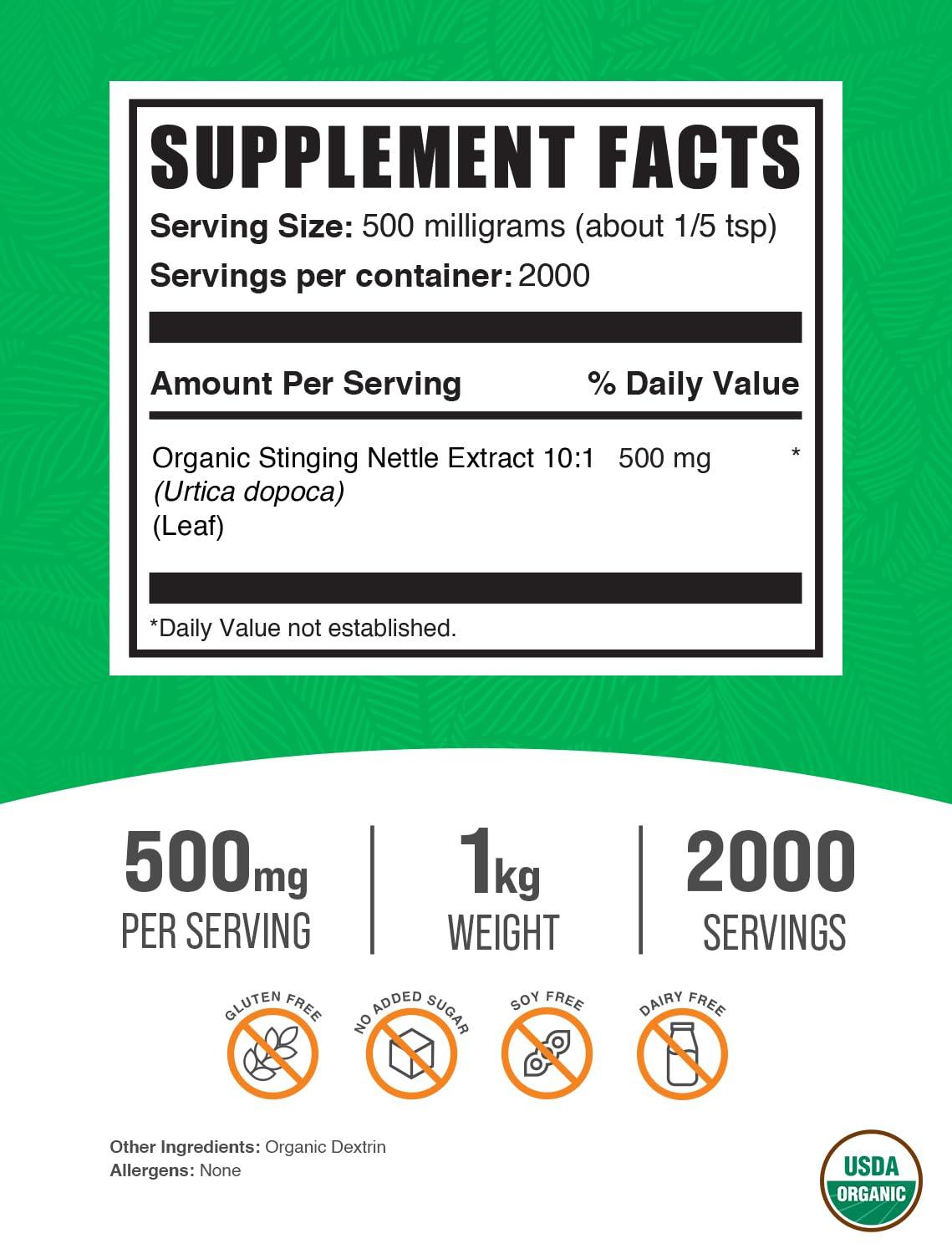BulkSupplements BulkSupplements.com Organic Stinging Nettle Extract - from Stinging Nettle Leaf, Nettle Supplement - Vegan & Gluten Free, 500mg per Serving, 1kg (2.2 lbs) (Pack of 1)