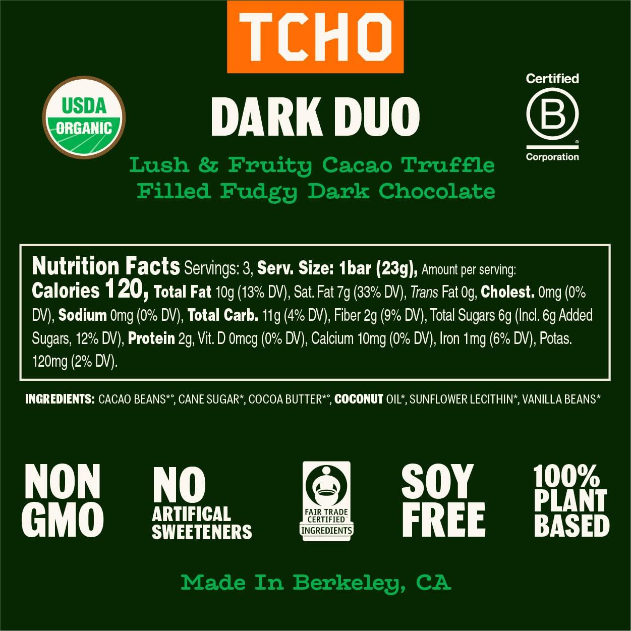 TCHO TCHO Dark Duo 75% Dark Chocolate Bars (5 pack) | Plant Based, Organic & Fair Trade, | Non GMO, Non-Dairy, Vegan Chocolate, Soy Free (2.5oz each)