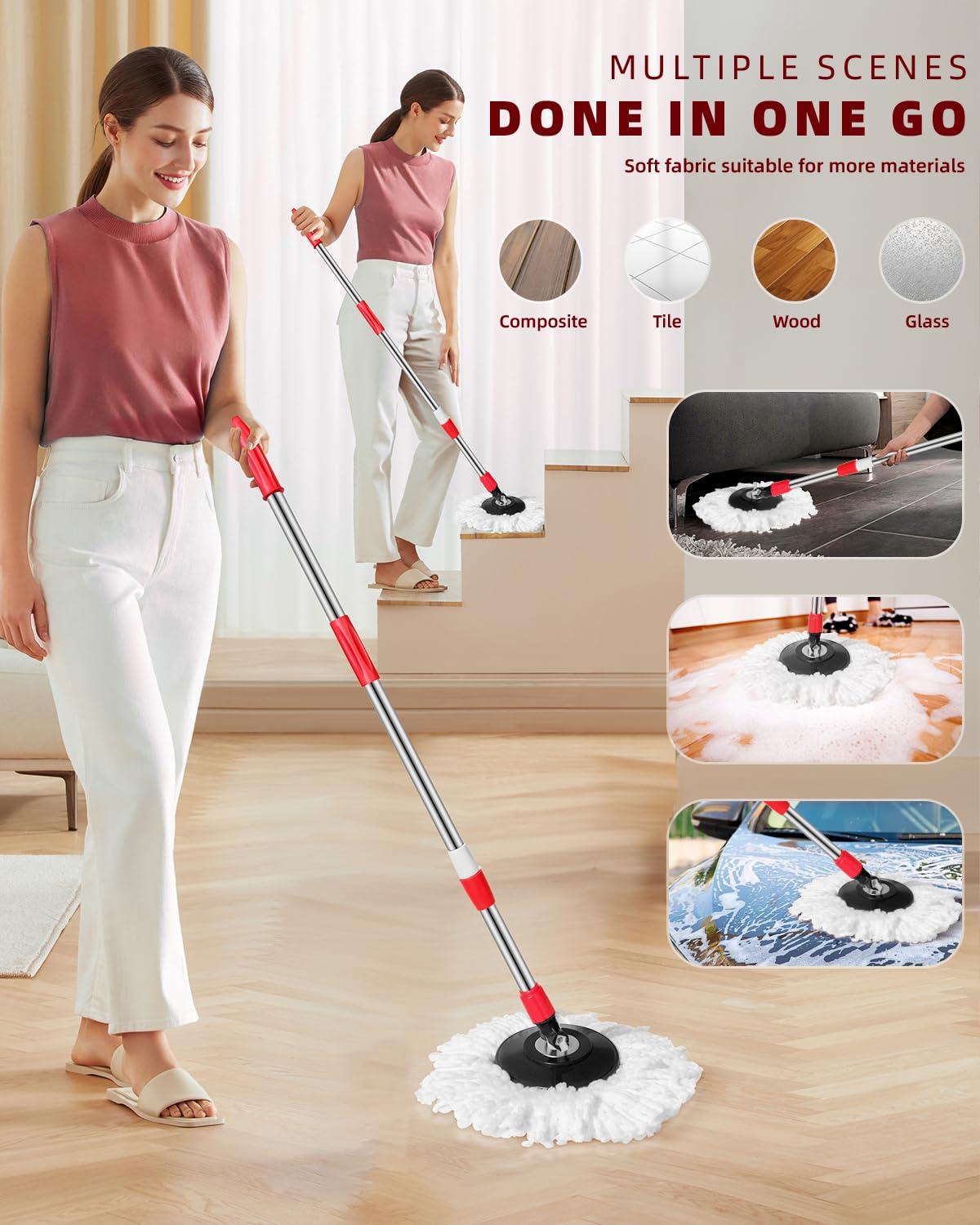 Oxherd Extended Stainless Steel Spin Mop Pole Handle Replacement Pole for Floor Mop 360 Degrees Home Floor Cleaning for Floor Mop 360 Degrees Home Floor Cleaning Scraper for Home Office (Red)