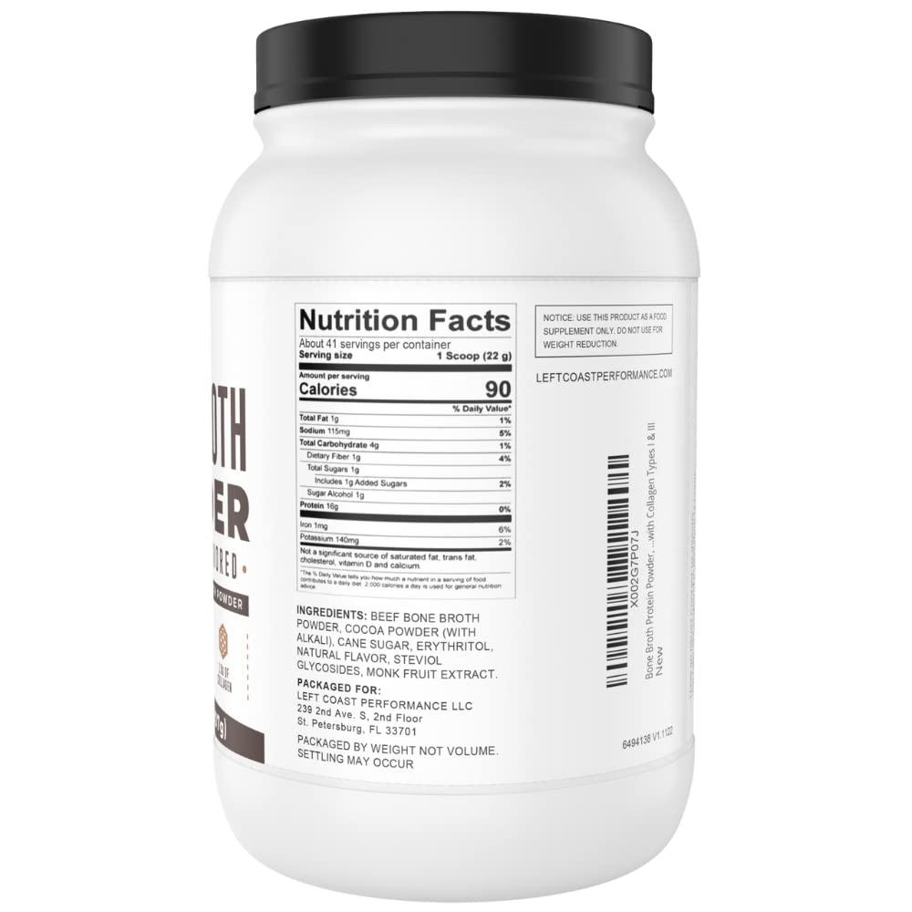 Left Coast Performance Bone Broth Protein Powder, Chocolate, Grass Fed 2lbs, 42 servings 17g protein, 13g Collagen. Low Carb, 2 net Carb, Dairy Free, Keto Friendly Bone Broth Protein Supplement with Collagen Types I & III