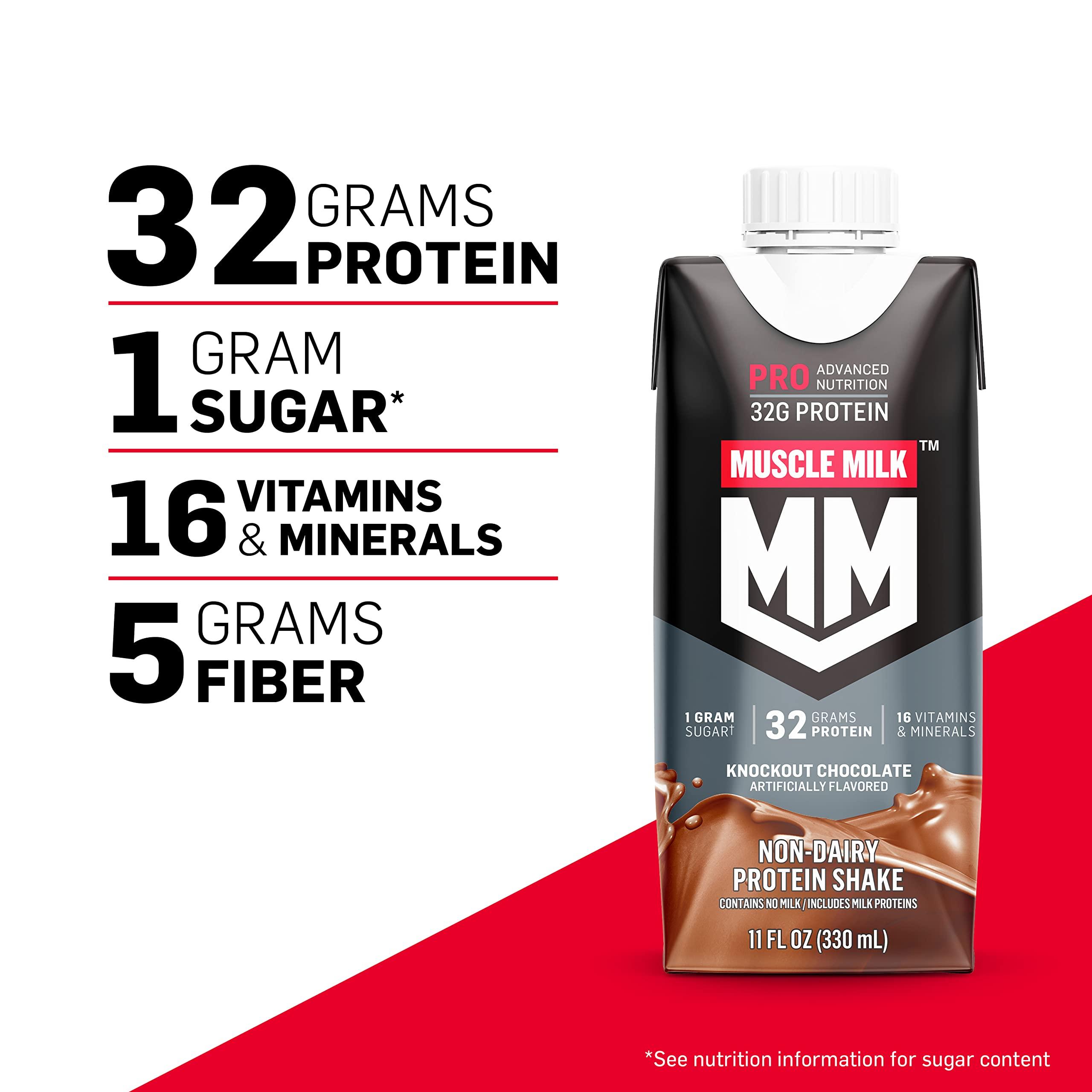 Muscle Milk Muscle Milk Pro Advanced Nutrition Protein Shake, Knockout Chocolate, 11 Fl Oz Carton, 12 Pack, 32g Protein, 1g Sugar, 16 Vitamins & Minerals, 5g Fiber, Workout Recovery, Packaging May Vary