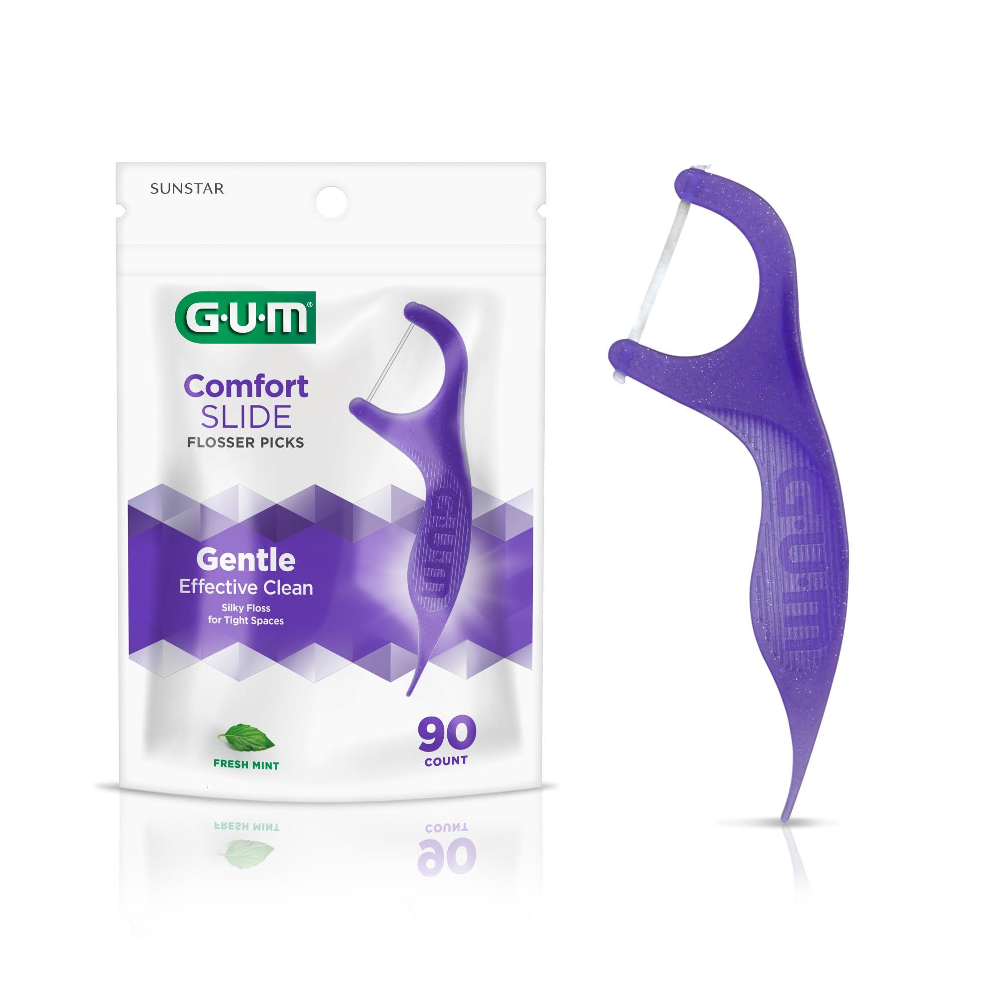 GUM GUM Comfort Slide Floss Picks - Perfect for Tight Teeth - Extra Strong Shred-Resistant Dental Floss, Easy Grip Handle - Dental Flossers for Adults - Fresh Mint Flavor, 90 ct