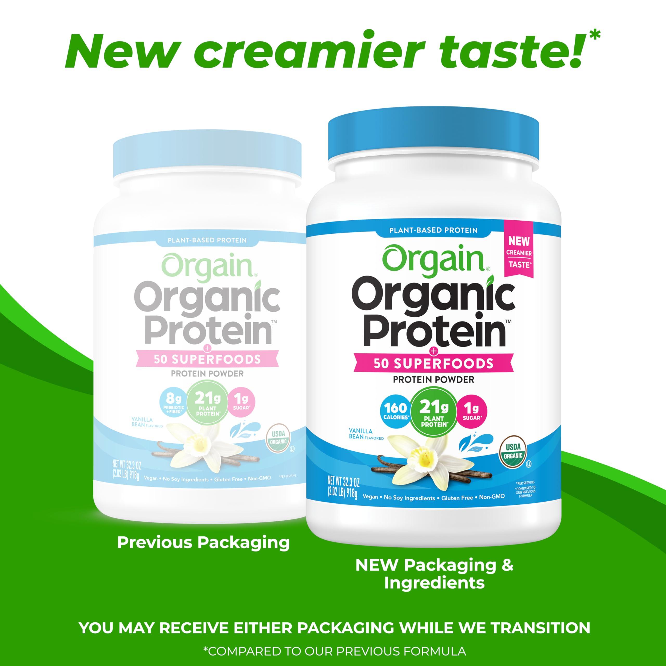 Orgain Orgain Organic Vegan Protein + 50 Superfoods Powder, Vanilla Bean - 21g Plant Based Protein, 8g Prebiotic Fiber, No Lactose Ingredients, Gluten Free, Non-GMO, 2.02 lb (Packaging May Vary)