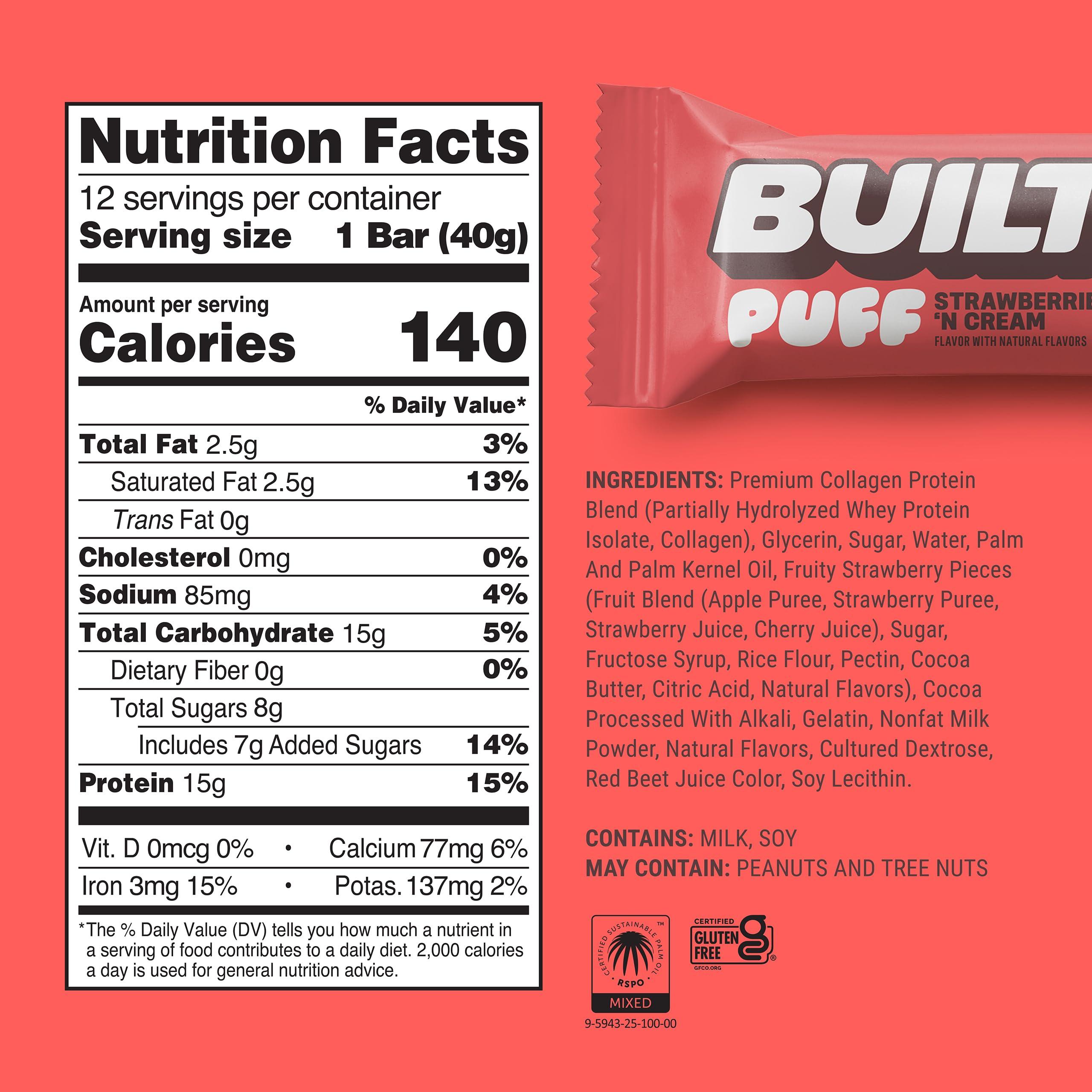 Built Bar BUILT Puffs Protein Bars, Strawberries \'N Cream Puff - High Protein Bars, 15g High Protein Snacks, On-The-Go Bars with only 140 Calories, 8g Sugar, Collagen, Gluten Free, 12 Count