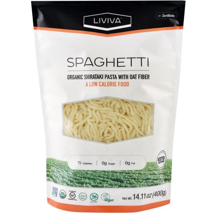 LIVIVA LIVIVA Organic Shirataki Spaghetti with Oat Fiber, Low-Calorie Pasta made from Konjac Root, Non-GMO, Gluten Free and Keto Certified, 14.11 Ounce (Pack of 4)