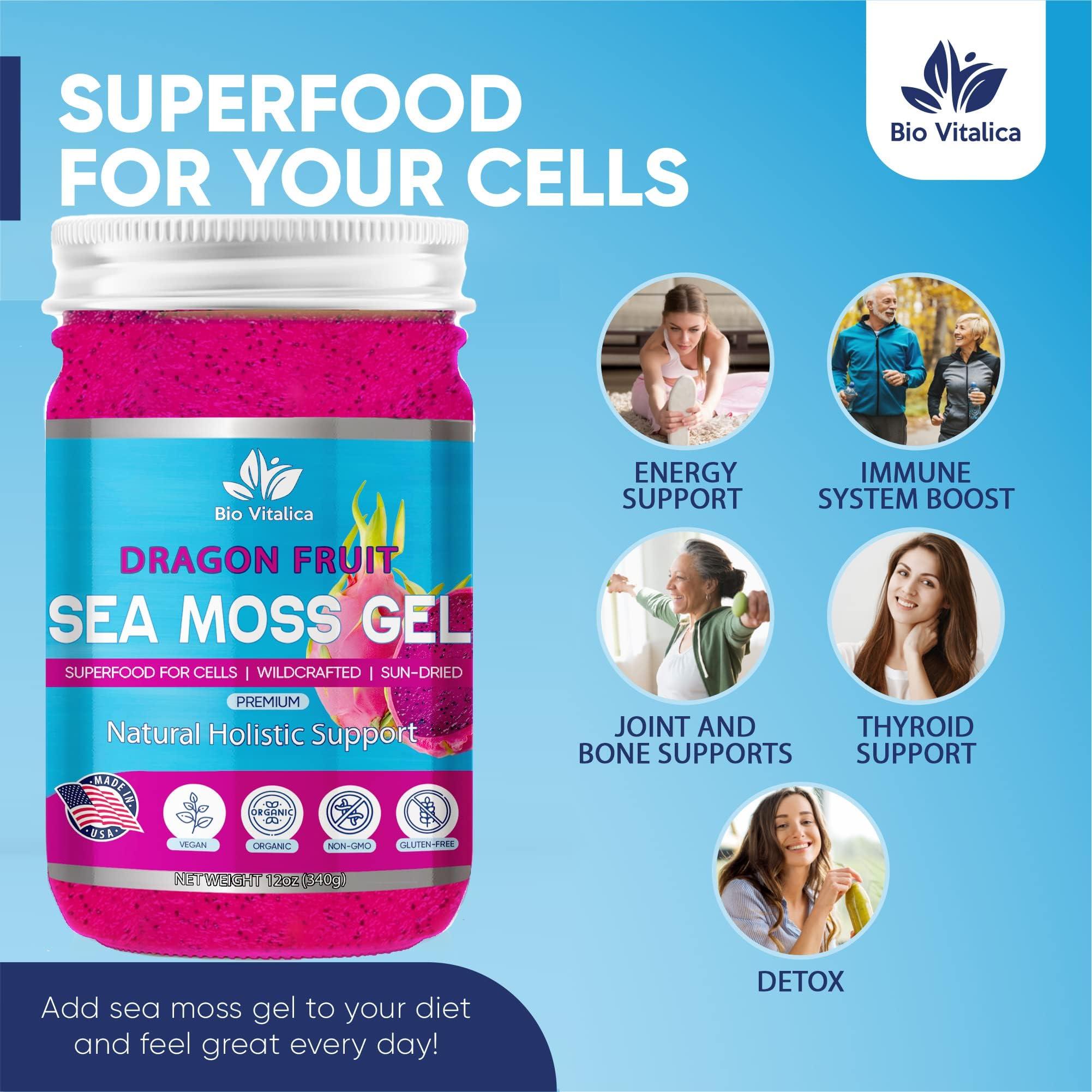BIO VITALICA Sea Moss Gel by BioVitalica - Irish sea Moss raw Organic - Premium Quality - Dr Sebi, Vegan superfood for Cells - 100% Natural seamoss Gel (Dragon Flavor, 1 Pack)