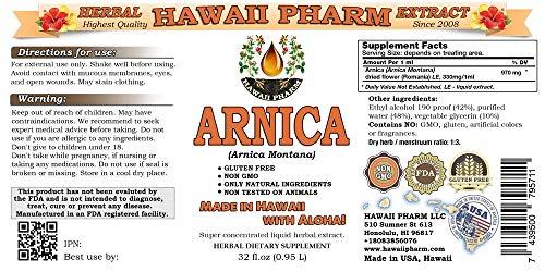 HawaiiPharm Arnica Liquid Extract, Organic Arnica (Arnica Montana) Dried Flowers Tincture 32 oz Unfiltered