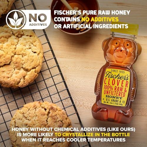Fischer\'s Fischers 100% Clover Honey, 12 Oz Pure, Raw & Unfiltered Honey Squeezable Honey Bear Bottle Gluten-Free, Non-GMO All-Natural Sweetener