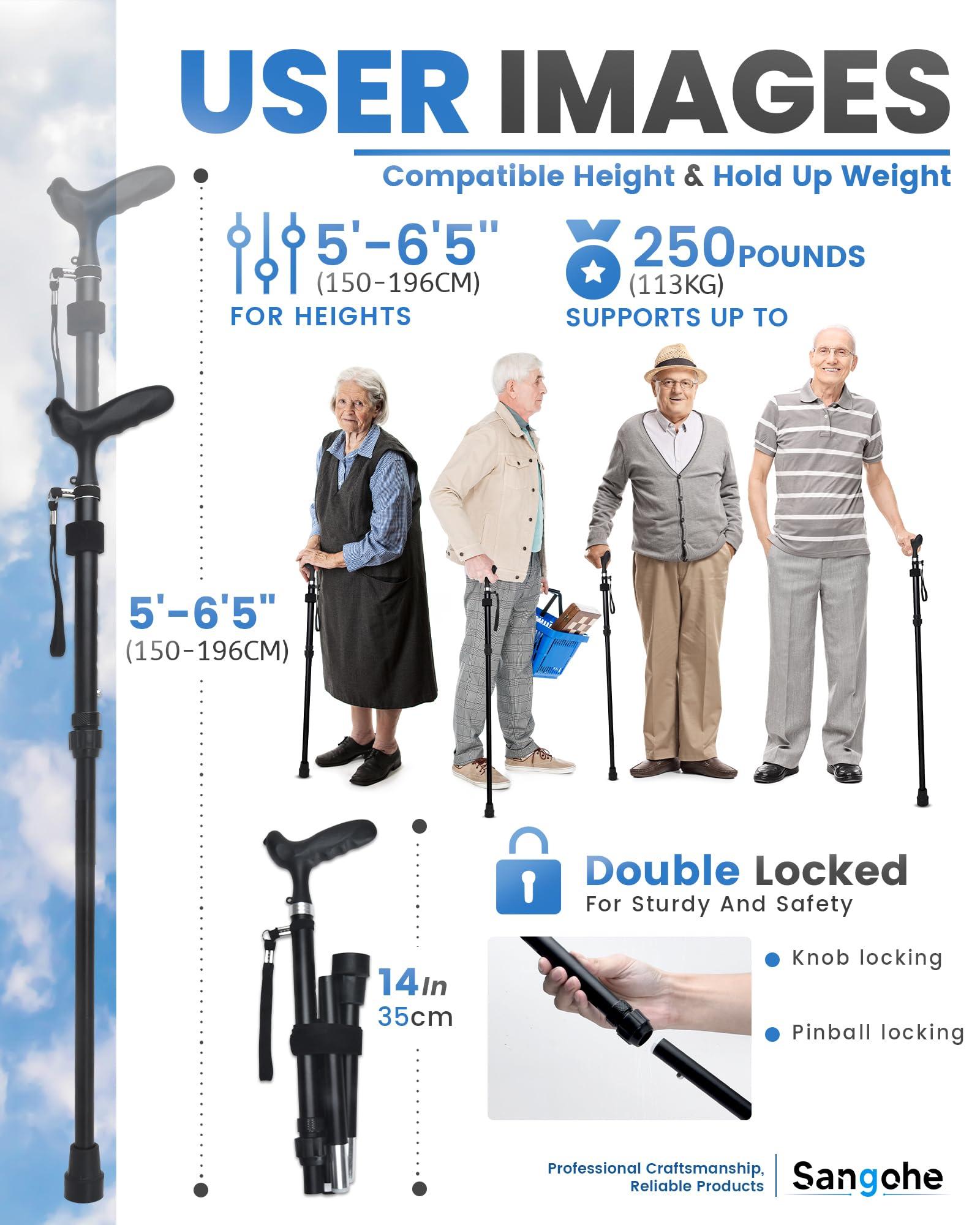 Sangohe Sangohe Walking Cane for Men & Women - Walking Stick with Adjustable Height, Durable Rubber Feet Tip, Travel Bag - Folding Canes for Stability - Walking Sticks for Seniors & Adults, Black, 929C