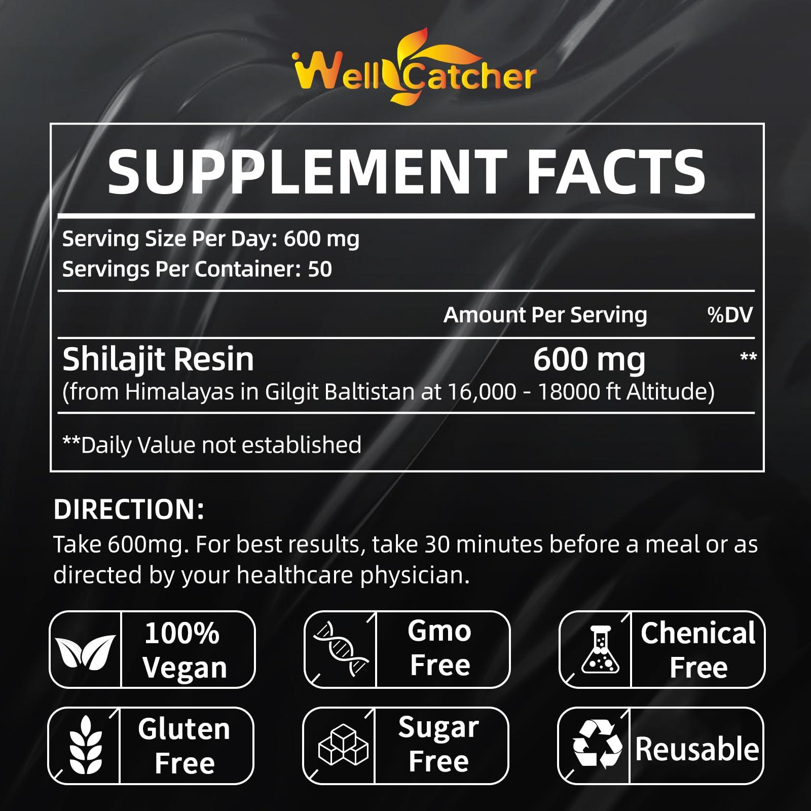 Wellcatcher Wellcatcher Pure Himalayan Shilajit Resin for Men Women: Natural Organic Shilajit Supplement 600MG Rich in 85+ Trace Minerals 75%+ Fulvic Acid for Energy Immunity Focus Support 50 Servings
