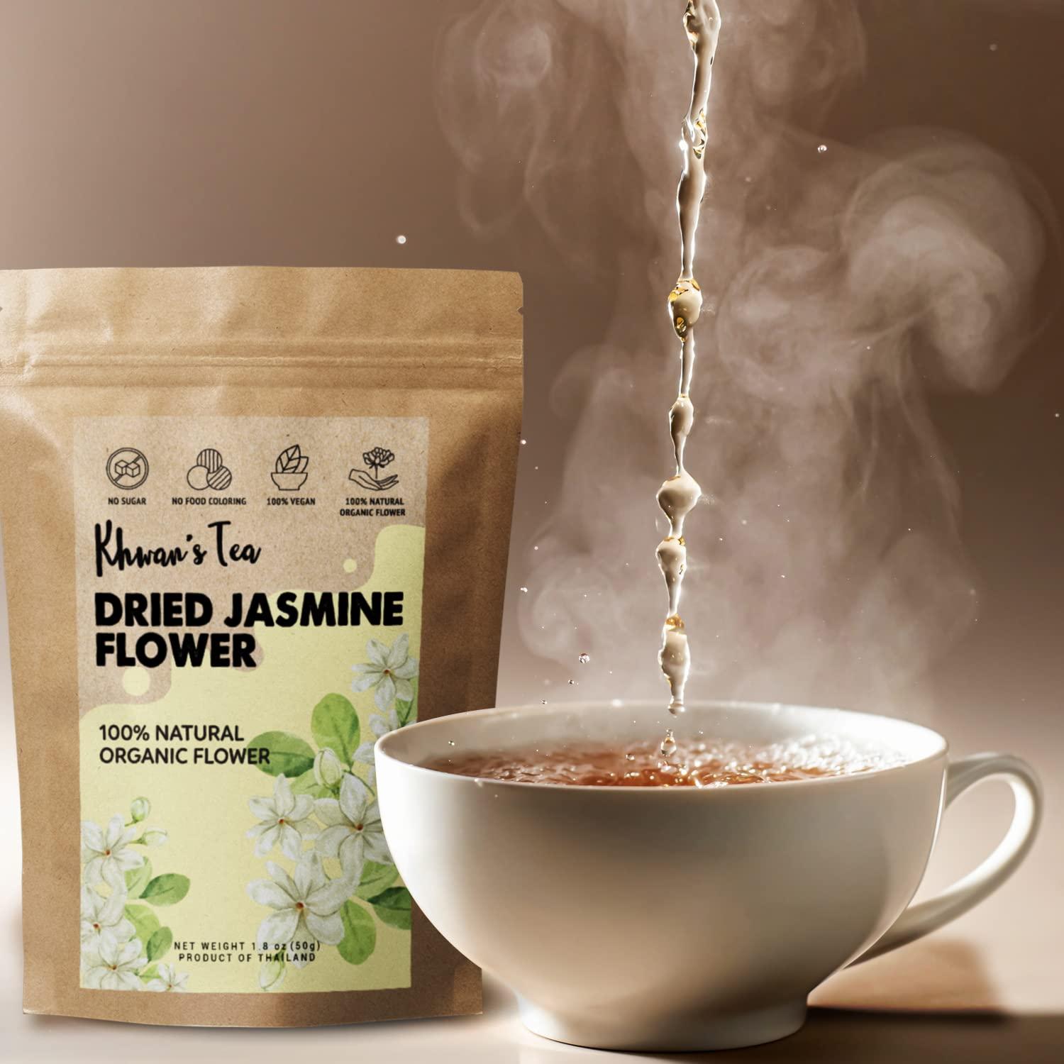 KHWAN'S TEA Pure Dried Jasmine Flower Buds Petals Herbal Decaf Tea 1.76 oz, non-GMO, Vegan Organic Botanical Flowers Kit
