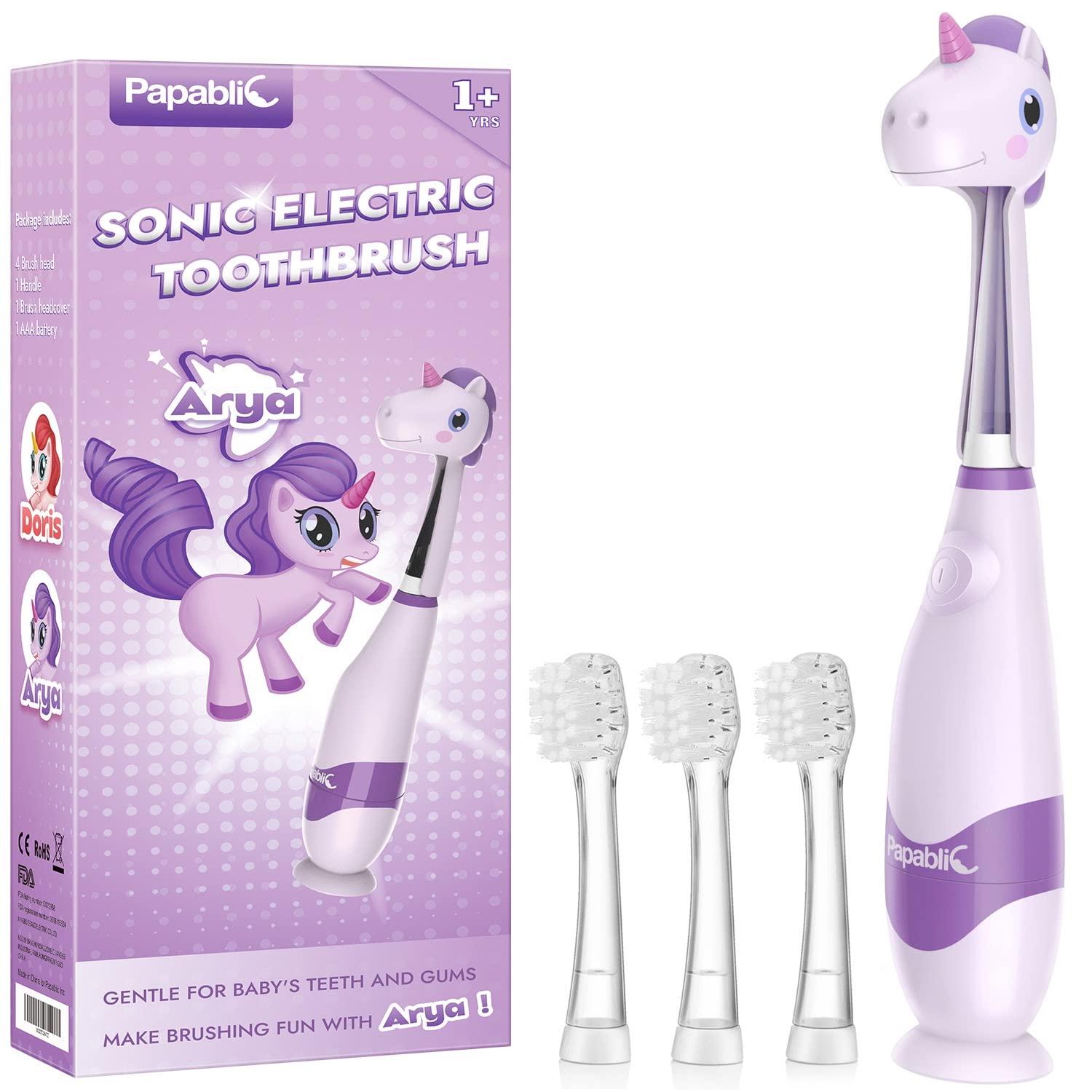 Papablic Papablic Toddler Sonic Electric Toothbrush for Ages 1-3 Years, Baby Electric Toothbrush with Cute Unicorn Cover and Smart LED Timer, 4 Brush Heads (Arya)