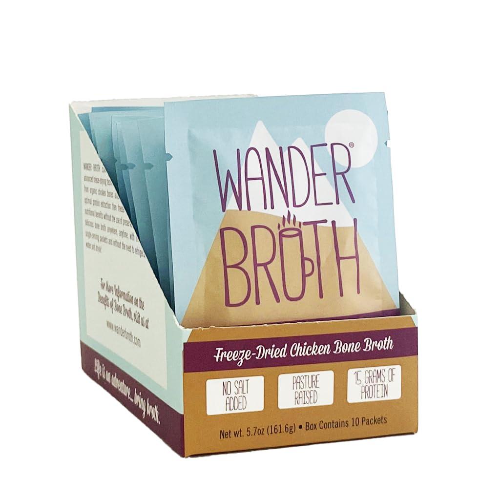 Wander Broth Freeze-Dried No Salt Added Organic Chicken Bone Broth, 10 Pack Box, 15g Protein, Paleo & Keto Friendly