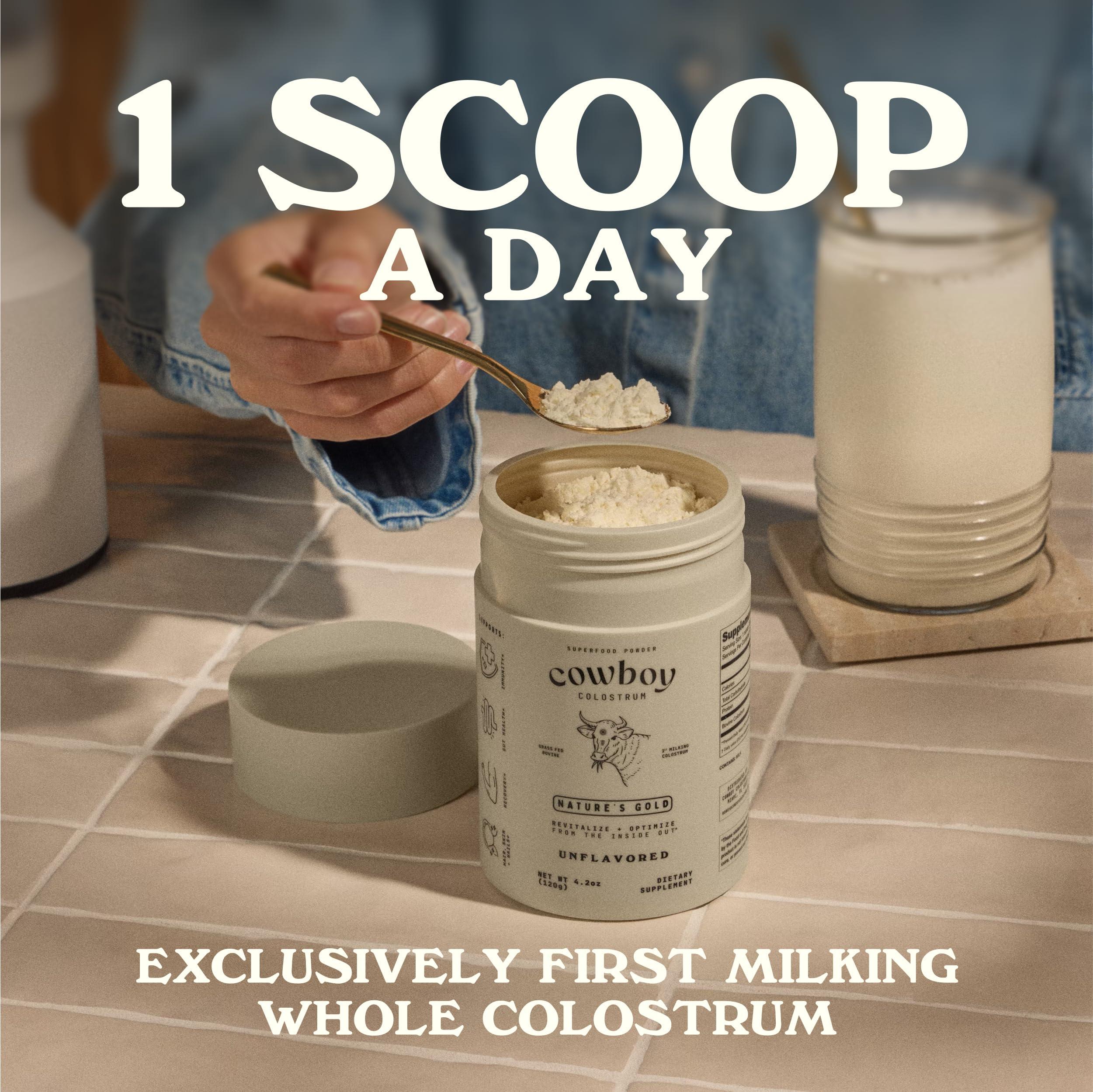 COWBOY COLOSTRUM COWBOY COLOSTRUM - Bovine Colostrum Powder - The Exclusive 1st Milking Whole Colostrum - Grass Fed Colostrum Supplement for Gut Health, Immunity, Skin & Hair. Non-GMO (Unflavored, 40 Servings)