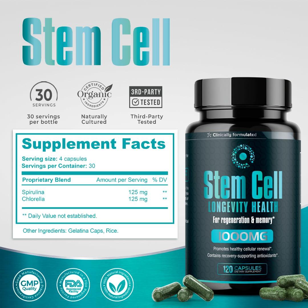 AURA VITAMINS Premium Stem Cell Supplements 1,000mg (120 Caps) Boost Immunity, Reduce Joint Soreness, Support Natural Anti-Aging & Longevity with Spirulina & Chlorella for Vitality, Celulas Madre Health Formula