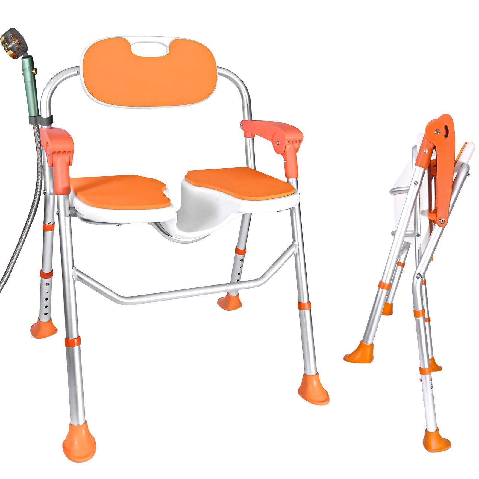 Felstar Shower Chair with Arms and Back 350 LB, Folding Shower Chair 5-Level Adjustable, Non-Slip Feet Shower Seat Cutout for Private Washing,for Elderly,Disabled, Seniors & PregnantHeavy Duty Shower Chair
