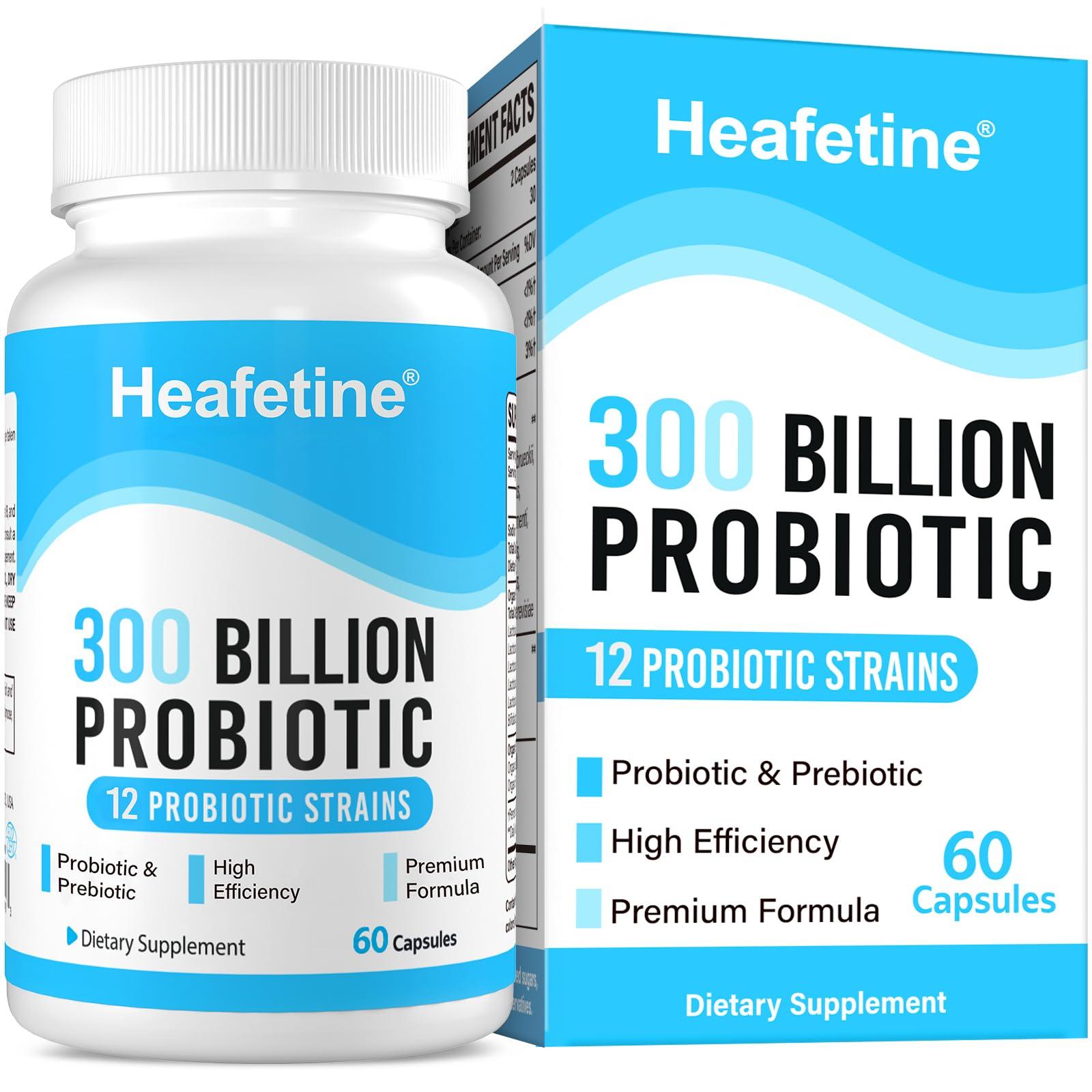 Heafetine 300 Billion CFUs Probiotics for Women & Men - 12 Strains + 3 Organic Prebiotics, Probiotics for Digestive Health & Immune, Gut Health & Bloating, Gut Health for Women & Men - 60 Capsules