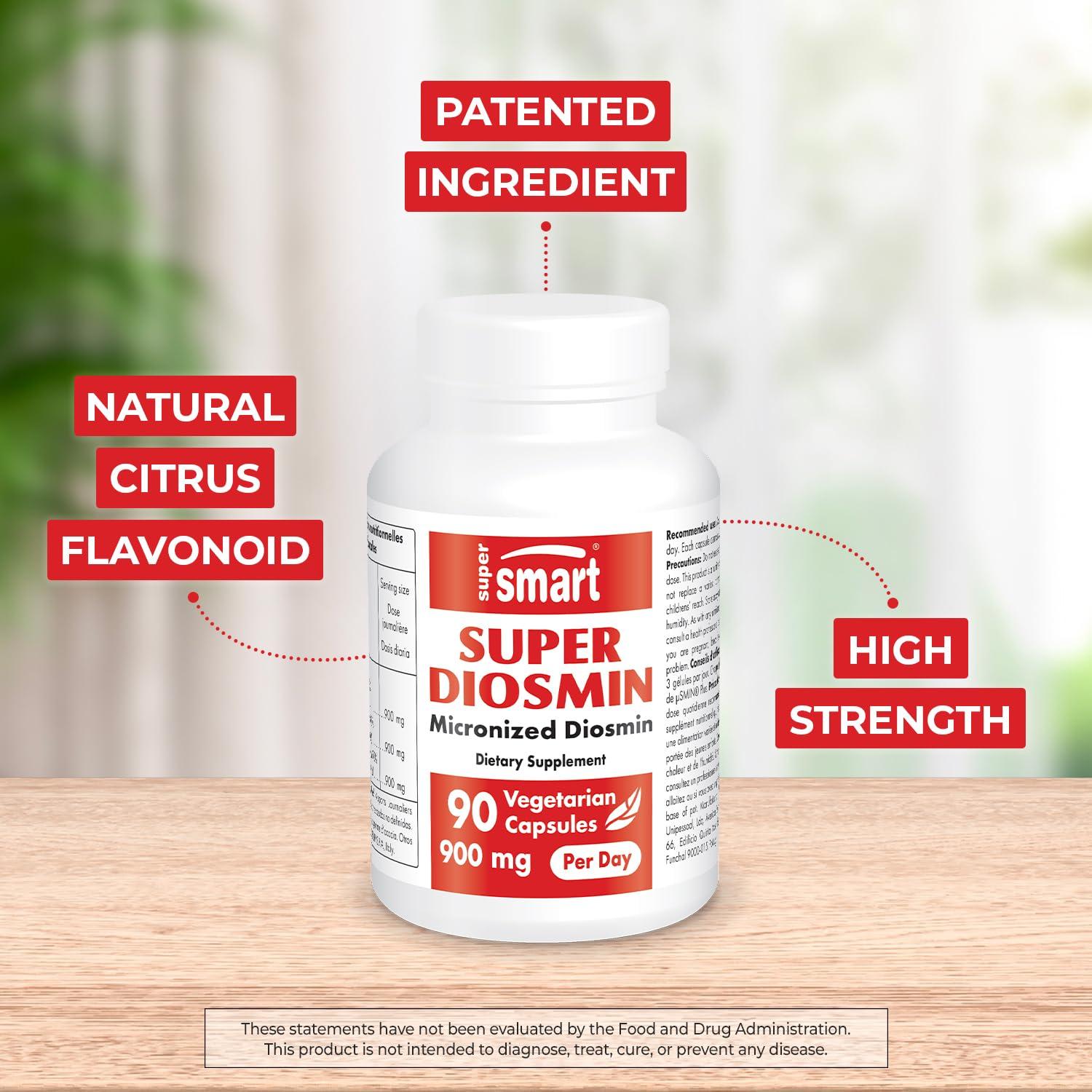 Supersmart SuperSmart - Super Diosmin 900mg per Day (Patented Micronized Diosmin) - Diosmin from Hesperidin - 90% Flavonoid Complex Supplement | Non-GMO & Gluten Free - 90 Vegetarian Capsules