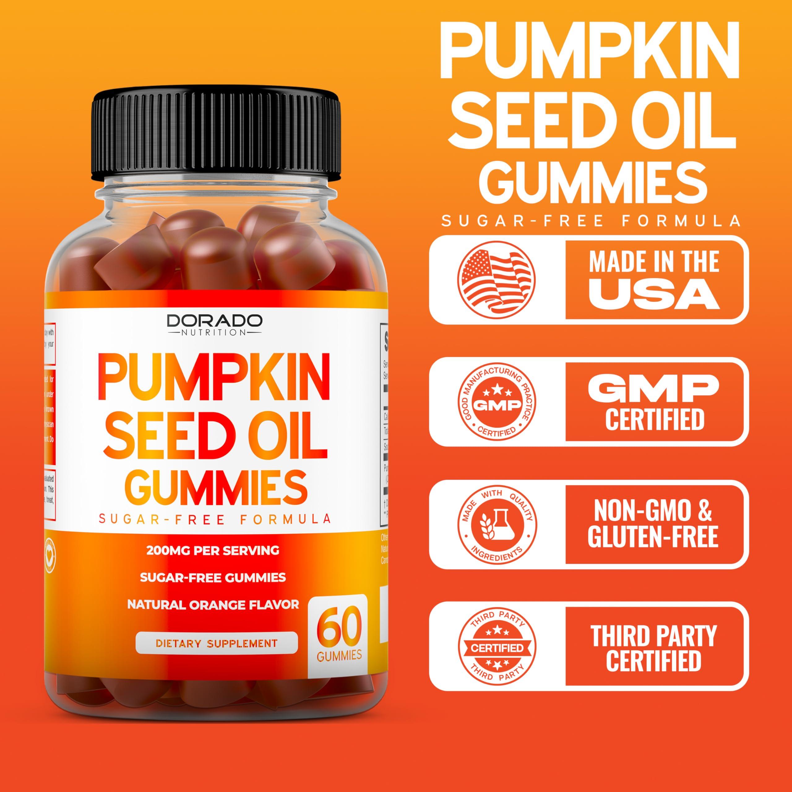 DORADO NUTRITION Pumpkin Seed Oil Gummies - 4,000mg Pumpkin Seed Oil For Hair Growth and Bladder Control - Sugar Free Gummy - Delicious Orange Flavor - Non GMO - Gluten Free - Vegan Supplement - (60 Count)