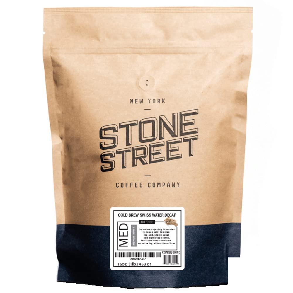 STONE STREET COFFEE COMPANY Stone Street Cold Brew Decaf Coffee, Swiss Water Process, Low Acid, 100% Arabica, Gourmet Coffee, Coarse Ground, Medium Roast, 1 LB