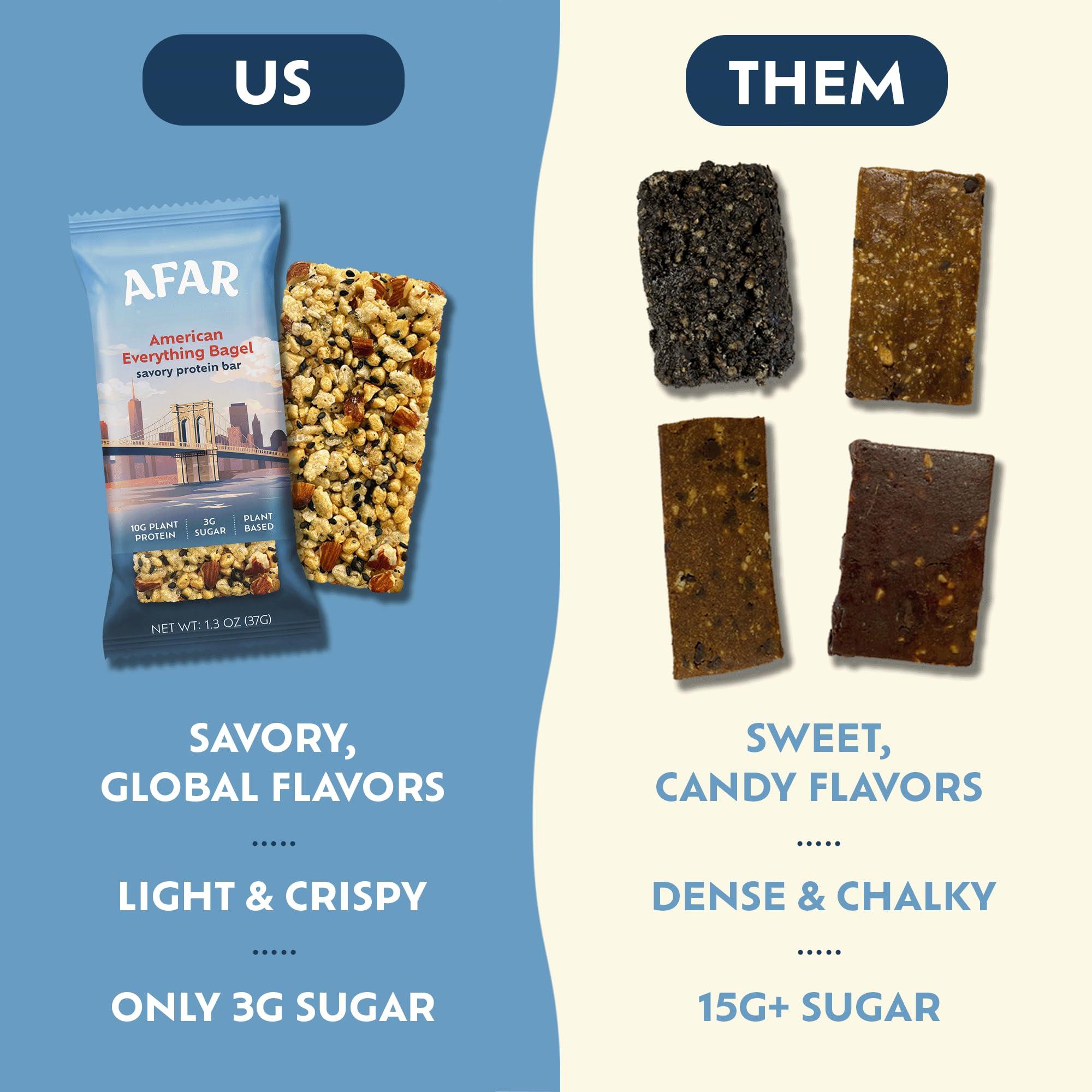 Afar Afar Savory Protein Bars Low Sugar, High Protein Healthy Snacks for Adults Meal Replacement Bar Rice Crispy Texture Vegan, Gluten Free (8 Bars, American Everything Bagel)