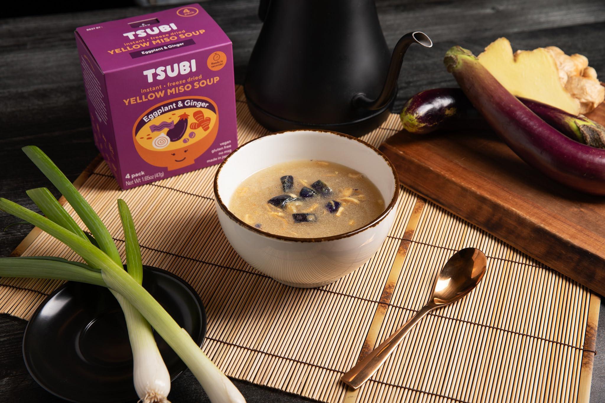 Tsubi Soup Tsubi Soup Freeze-Dried Japanese Miso Soup Packets - Instant, Vegan, Easy Mix, Gluten & MSG-Free, Flavorful - Ready in Seconds - Authentic Taste of Japan - Yellow Miso (Eggplant & Ginger) - 12 Packs