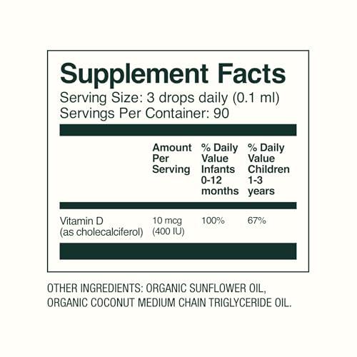 Bobbie Bobbie Organic Baby Vitamin D Drops, Daily Liquid Supplement to Support Development, Immune Health and Strong Teeth and Bones* in Newborn Babies and Infants, Vegan, Infant Vitamin D, 400 IU, 0.3 fl oz