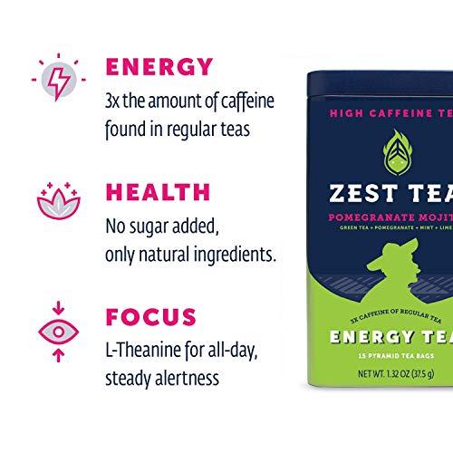 ZEST TEA Zest Tea Premium Energy Hot Tea, High Caffeine Blend Natural & Healthy Black Coffee Substitute, Perfect for Keto, 135 mg Caffeine per Serving, Pomegranate Mojito Green Tea, Tin of 15 Sachet Bags