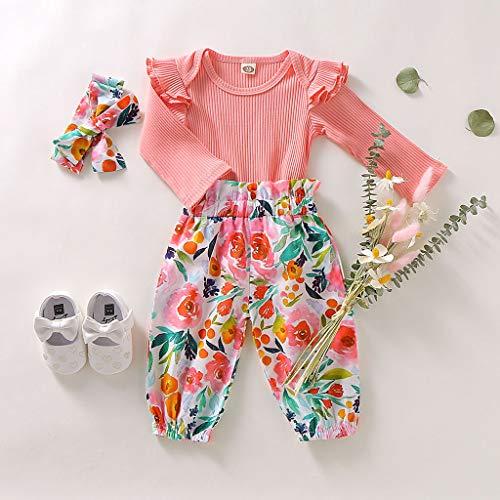 Tomppy Tomppy Newborn Baby Girls Clothes Outfits Long Sleeve Romper Bodysuits + Floral Pants+ Bow Headband Set Infant Costume Suits Pink