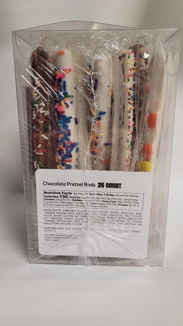 The Brittle Box Candy Co. Chocolate Covered Pretzel Rods 25 Count Gift Box Assorted Toppings