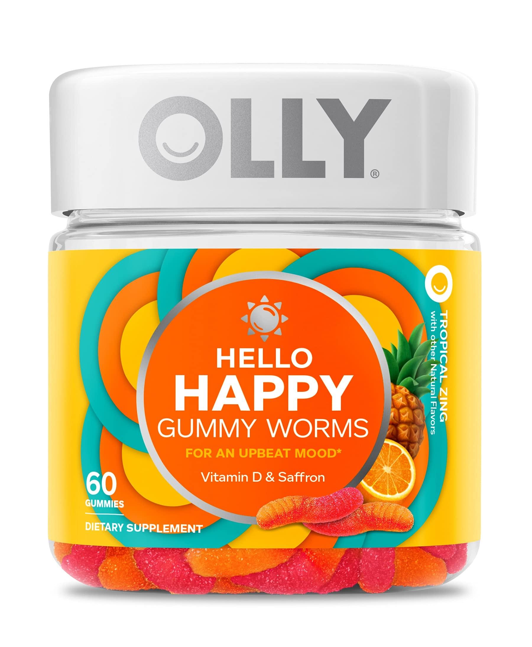 OLLY OLLY Hello Happy Gummy Worms, Mood Balance Support, Vitamin D, Saffron, Adult Chewable Supplement, Tropical Zing - 60 Count