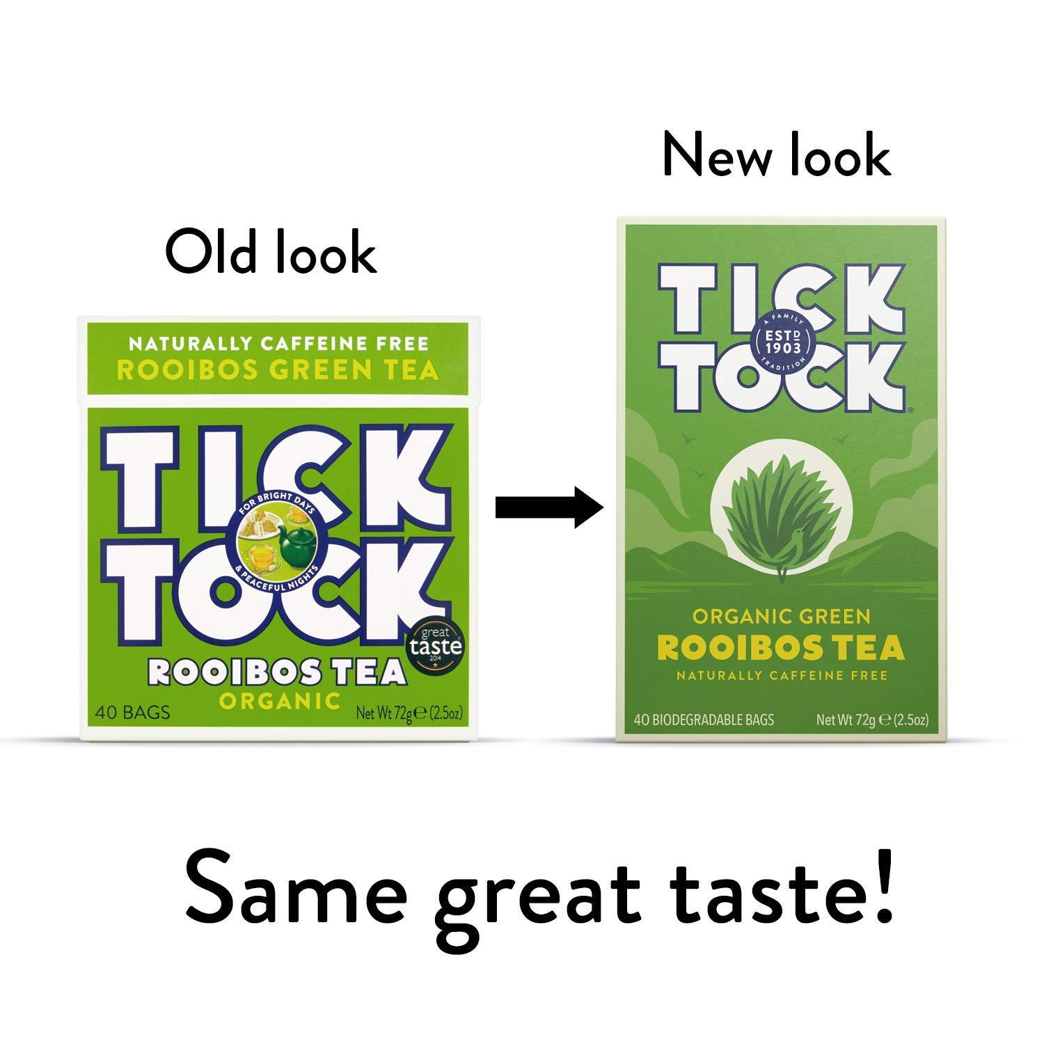 Tick Tock TICK TOCK TEAS Naturally Caffeine Free Red Bush Herbal Green Tea, 40 Count, Organic Rooibos Green Tea, 2.5 Oz