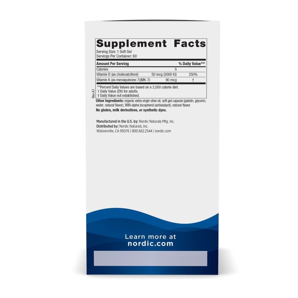 Nordic Naturals Nordic Naturals Vitamin D3 + K2, Orange Taste - 60 Soft Gels - Synergistic Support for Bones, Immune Function & Calcium Balance - Non-GMO - 60 Servings