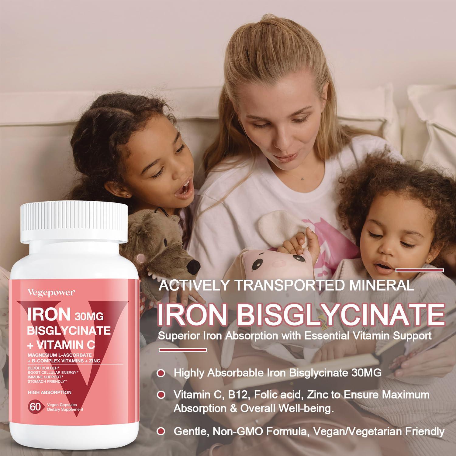 VEGEPOWER Iron Bisglycinate Supplement for Women & Men - 30mg Iron Pills with Vitamin C, B12, Folic Acid - Chelated Iron for Anemia, Blood Builder - High Absorption, Gluten-Free, Non-GMO - 60 Vegan Caps