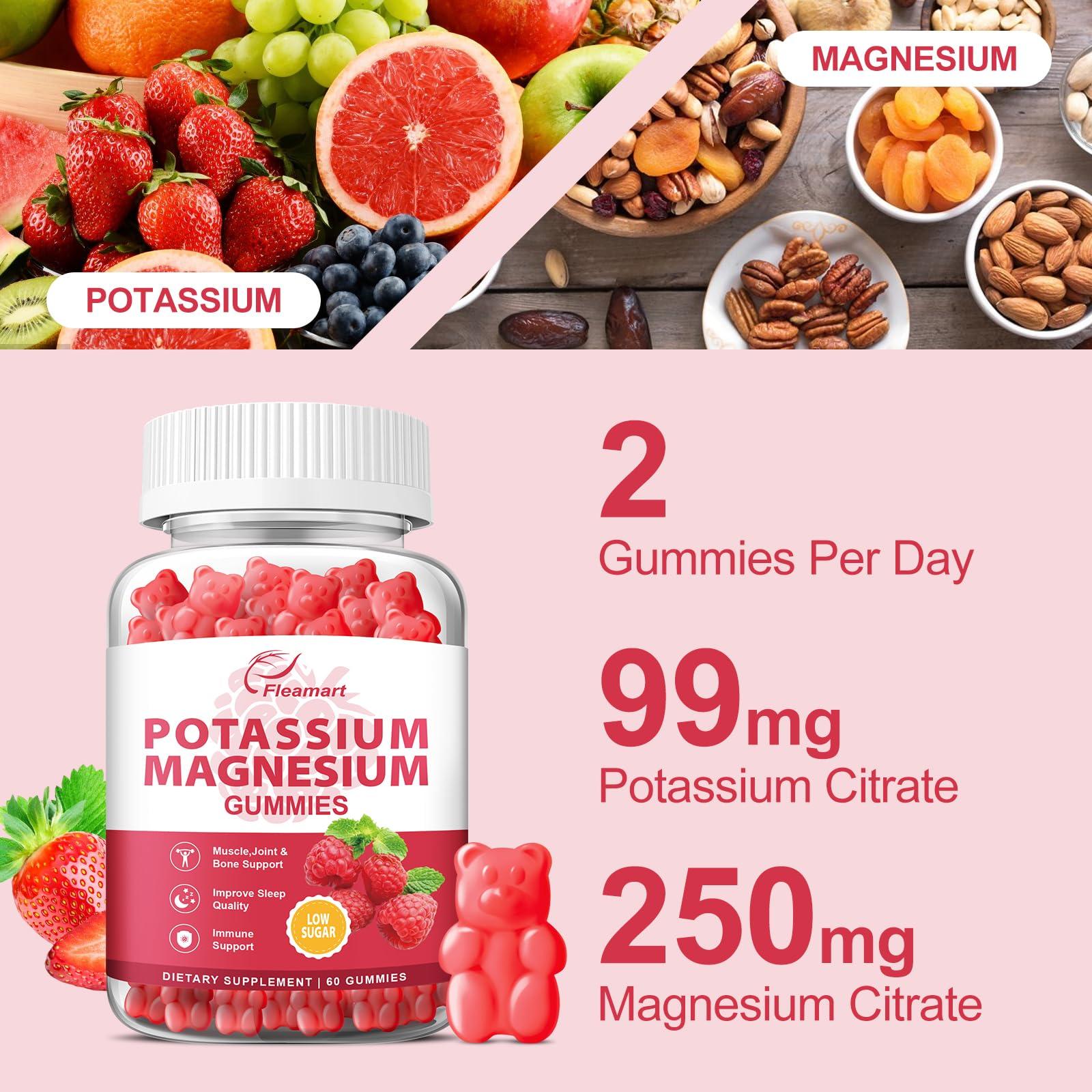 Fleamart Potassium Magnesium Gummies Potassium Citrate 99mg Magnesium Citrate 250mg Magnesium Potassium Complex Supplement, Immune Support, Leg Cramps Muscle Health, 60 Raspberry Gummies 2 Pack