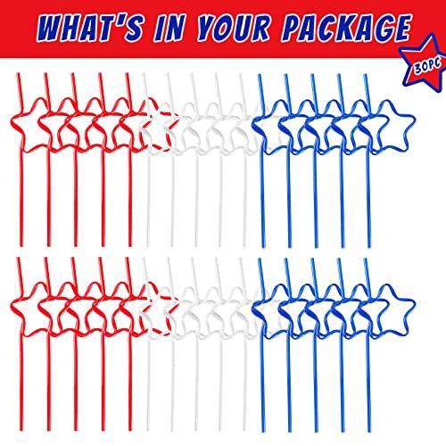 Quera Quera 30 pcs Star Crazy straws 4th of JULY Red White Blue Silly Straws Patriotic Loop Straws Reusable BPA-Free Plastic Drinking Straws Silly Colorful Drinking Straws for Kids Birthday Party Supplies
